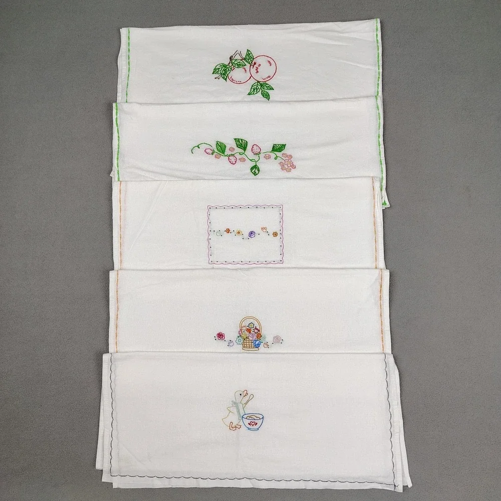 Vintage Embroidered Kitchen Towel Set (5) Floral Fruits Cross Stitch LARGE 21x36